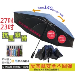 ab3f42c749193755974ab323cf53dff9 【KUD雨傘工廠直營】防回彈27吋23吋安全不回彈防暴衝反向傘自動開收快乾布超大降溫晴雨傘抗UV防風傘骨加大
